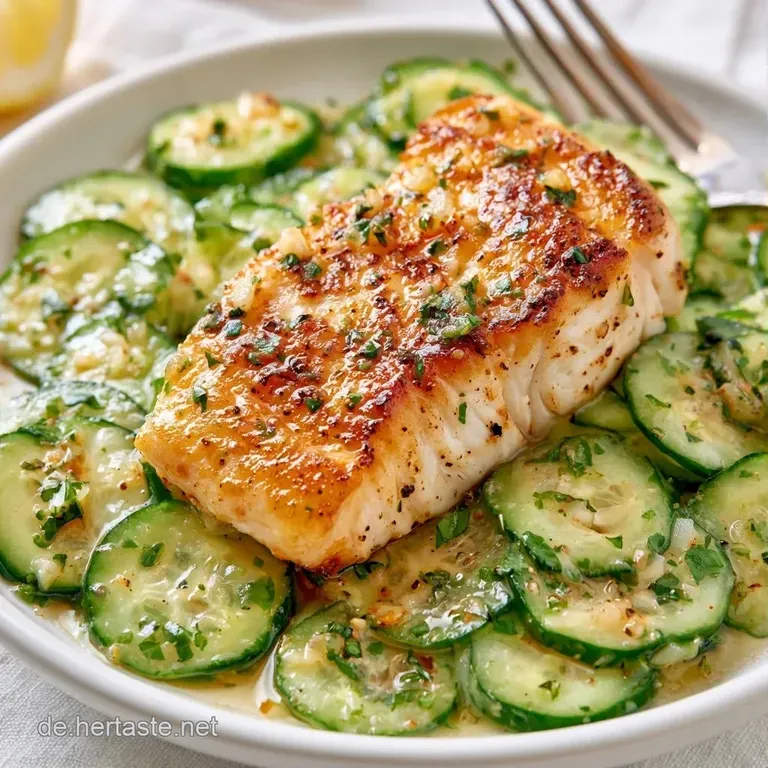 Ein knusprig gebratenes Filet auf einem wei&szlig;en Teller, flankiert von d&uuml;nnen, gl&auml;nzenden Gurkenscheiben und Zitronenspalten.
