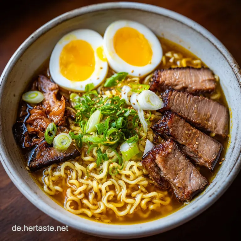 Steaming ramen noodles artfully arranged in a bowl, topped with crisp vegetables and savory sauce, ready to eat.