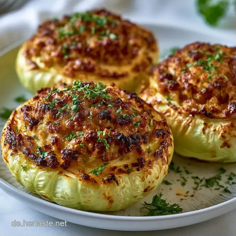 Hellgr&uuml;ner Kohlrabi mit herzhafter Fleischf&uuml;llung auf einer Platte, garniert mit frischen Kr&auml;utern und brauner Sauce.