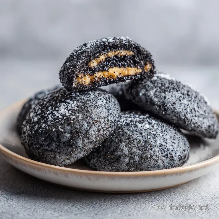 A scattering of delicate, crumbly cookies with a distinct poppy seed filling, artfully arranged on a festive platter.