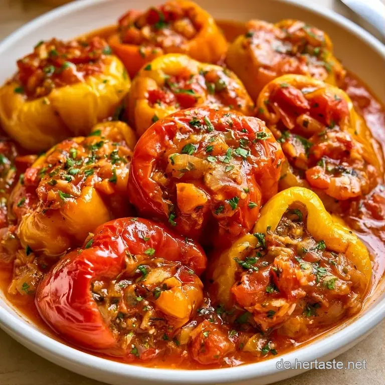 Eine wei&szlig;e Servierplatte mit gl&auml;nzenden roten Paprikaschoten, dekoriert mit frischer gr&uuml;ner Petersilie und Sauce.
