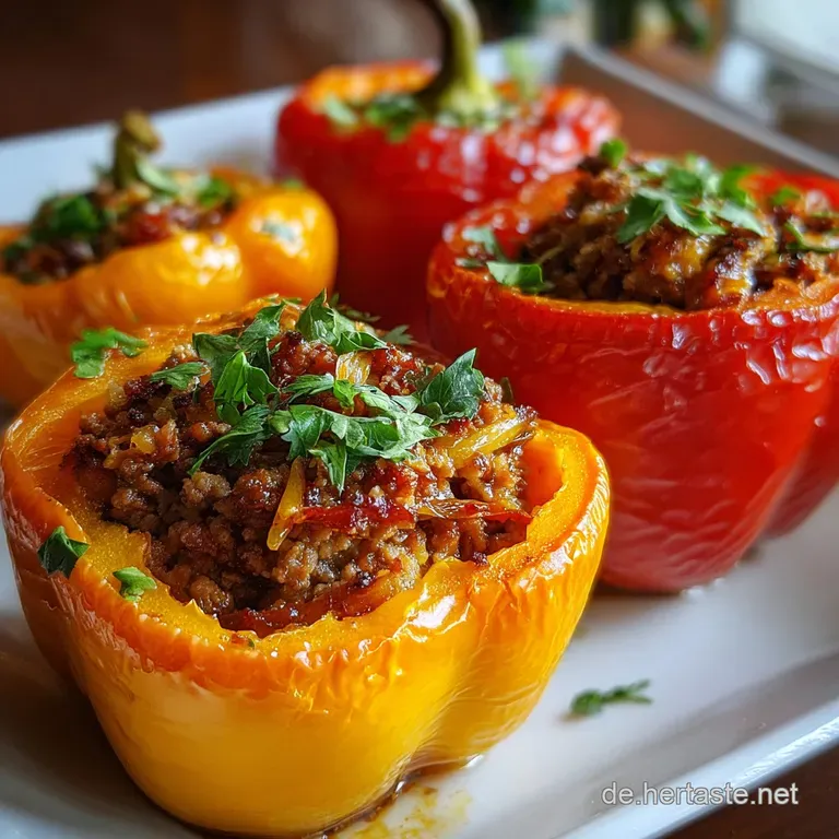 Plated stuffed pepper, vibrant red and green, glistening with rich tomato sauce, served with a creamy dollop, inviting war...
