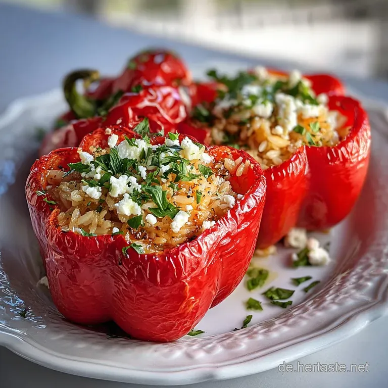A vibrant red bell pepper, stuffed and sliced, reveals a fluffy rice and feta filling, served with a spoonful of rich toma...