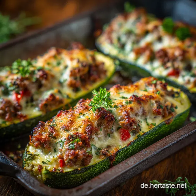 Herzhafte Zucchiniboote Gef&uuml;llt Mit Hackfleisch Und Geschmolzenem K&auml;se presentation