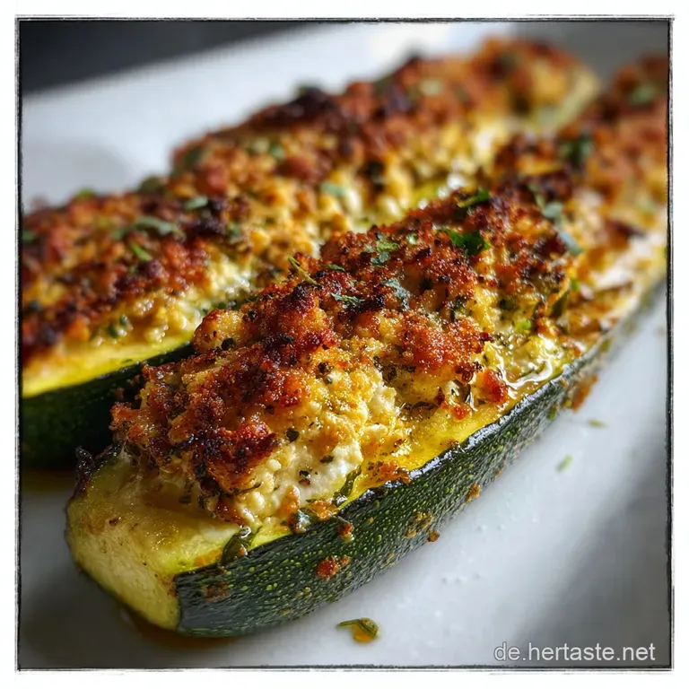 A vibrant zucchini half, plump with filling, rests on a white plate. Streaks of sauce and fresh herbs add colorful detail.