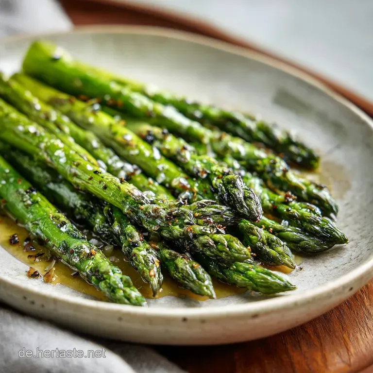 Tender, bright green asparagus stalks artfully arranged on a white plate, drizzled with a light sauce.