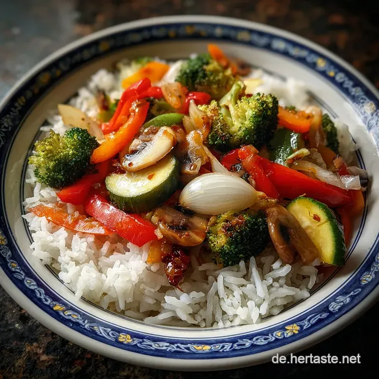 A delicately plated rice bowl topped with glistening chicken and crisp-tender mixed vegetables, creating an inviting, heal...