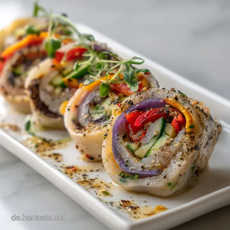 Neatly arranged veggie roll slices showcase the textures and vibrant colors of this refreshing, protein-rich, low-carb dish.