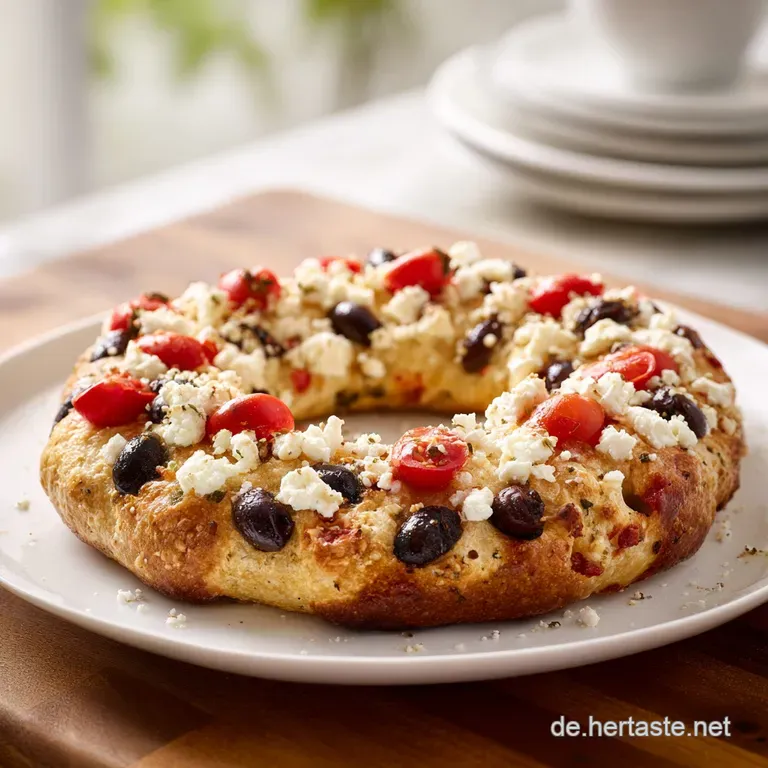 Goldgelber Pizzaring auf einer wei&szlig;en Keramikplatte, erg&auml;nzt durch frische Kr&auml;uter und einen cremigen, hellen Dip.