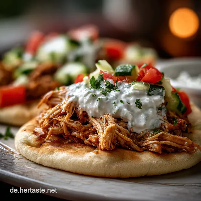 Neatly plated pita pockets filled with tender chicken, crisp lettuce, juicy tomatoes, and a generous dollop of cool tzatziki.