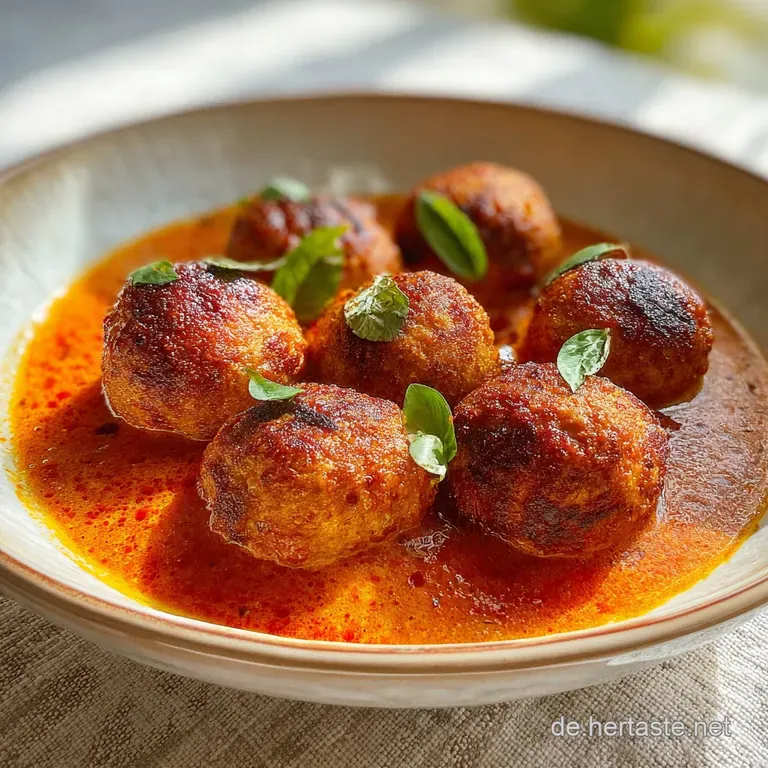 A porcelain plate holds juicy meatballs cloaked in tomato sauce, garnished with fresh basil. Steam rises, hinting at warmth.
