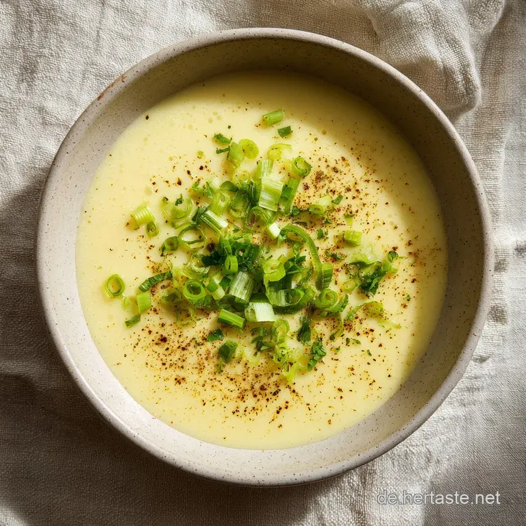 A vibrant bowl of creamy soup, speckled with green chives and flecks of browned meat, presented on a textured wooden surface.