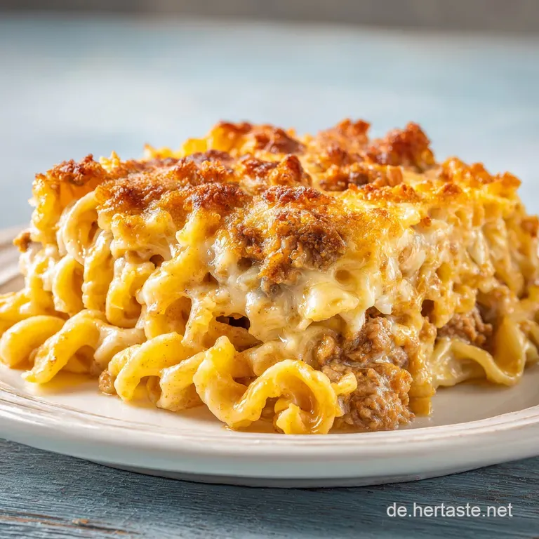 A generous serving of the gratin, plated with a garnish of fresh herbs, reveals layers of savory meat and cheese.