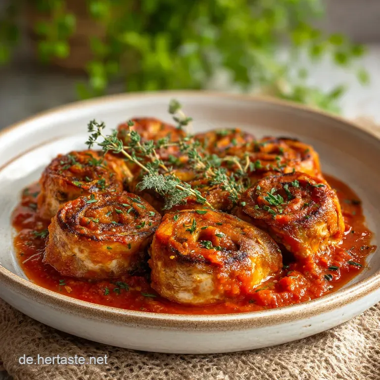 Meat rolls nestled in rich tomato sauce, garnished with fresh herbs. A satisfying, low-carb meal presented on a rustic plate.