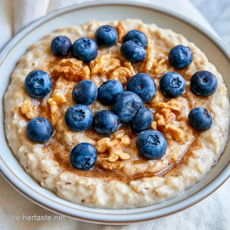 Minimalistische Anrichtung von warmem Porridge mit frischen Heidelbeeren auf einer matten Keramikplatte.