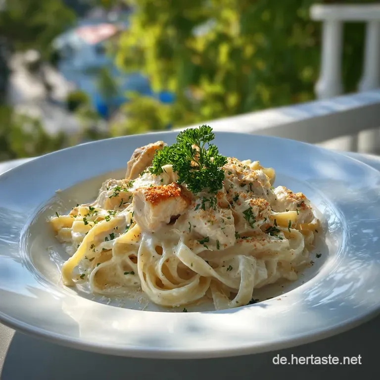 Elegant plate of Alfredo: Creamy noodles, succulent chicken, vibrant parsley garnish, hints of pepper, inviting and warm.