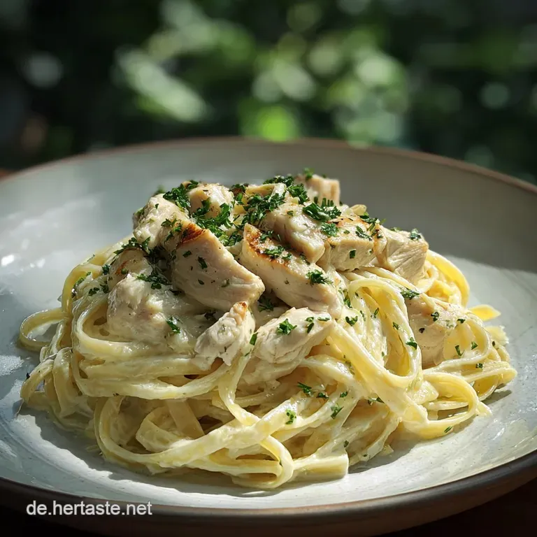 H&auml;hnchen Alfredo Nudeln: Samtige Emulsion