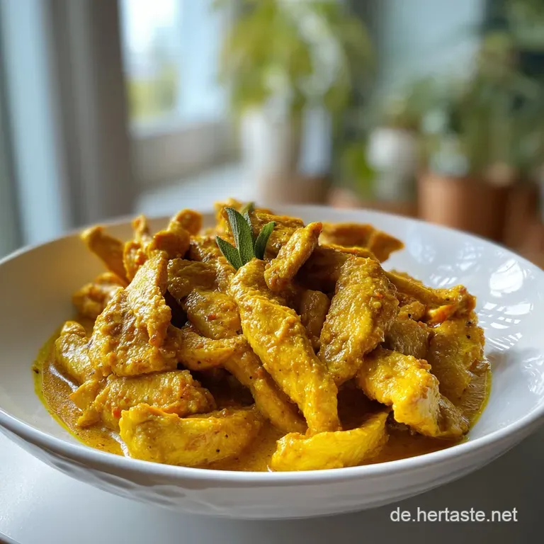 Elegant plate of chicken curry; tender chicken and colorful vegetables bathed in a rich, creamy, light-yellow coconut milk...