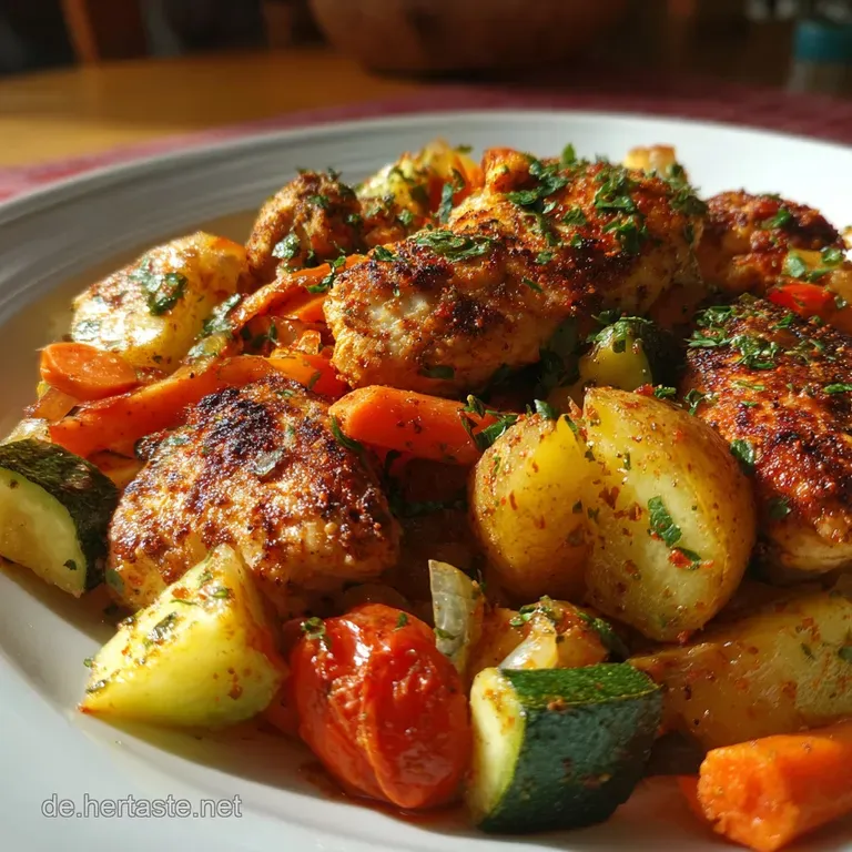 Elegant plating: Juicy chicken and bright vegetables arranged artfully, glistening with a savory sauce, ready to enjoy.