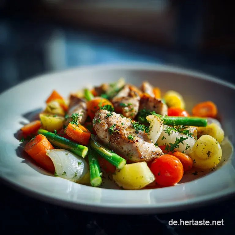 Plated chicken and vegetable stir-fry, glistening with sauce, garnished with fresh herbs, ready to eat, on a white plate.