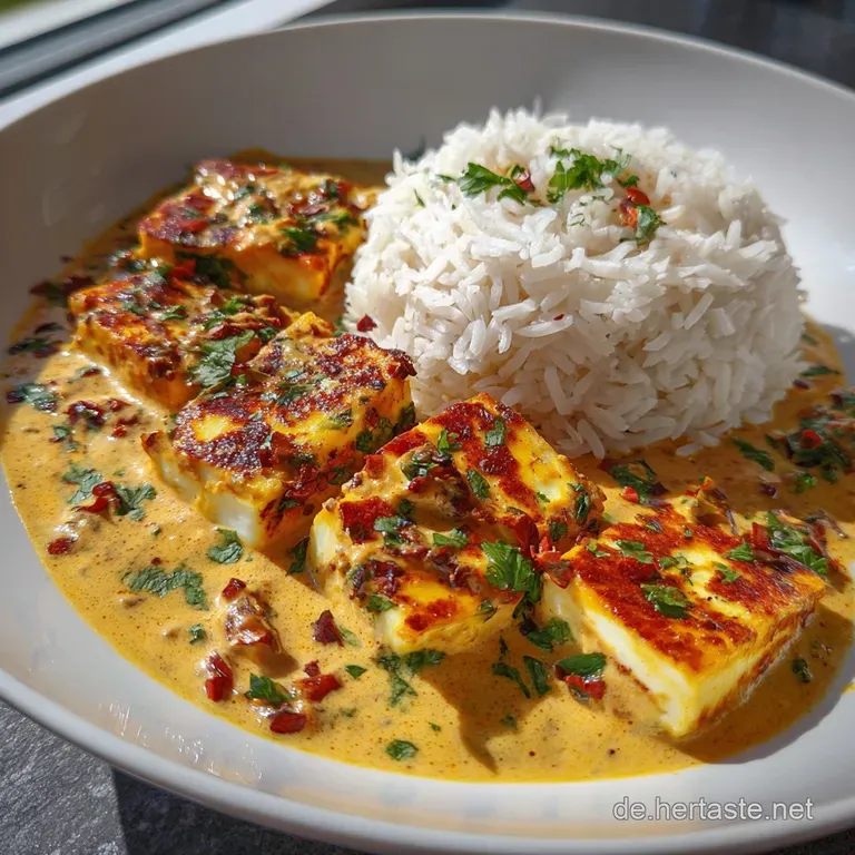Creamy, vibrant orange curry with grilled halloumi, artfully plated with basmati rice and fresh coriander sprigs for a del...
