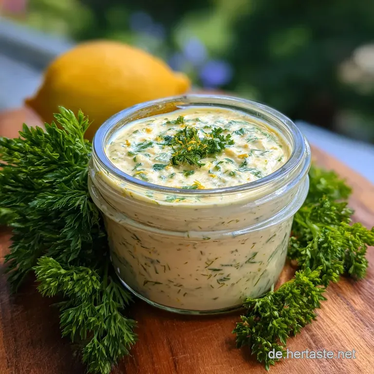 Elegant remoulade dolloped beside golden, crispy fish. The creamy sauce is flecked with vibrant green herbs and pickle rel...