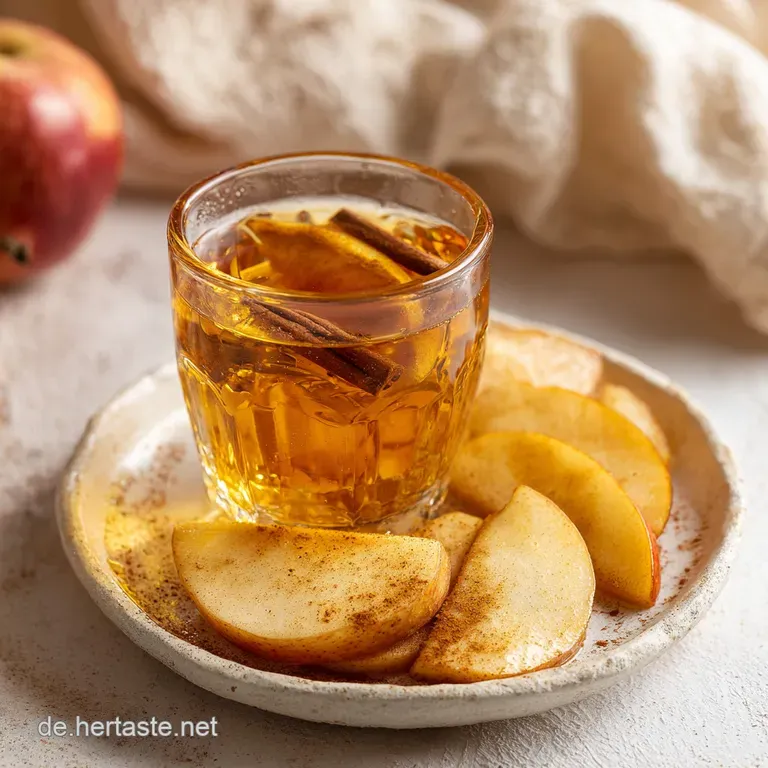 A slender glass of glowing amber liqueur paired with whole cinnamon sticks and apple slices on rustic wood.