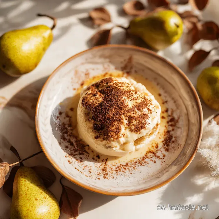 A generous slice of pear tiramisu topped with whipped cream and a dusting of cinnamon.