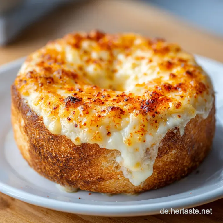 Eine symmetrische Krone aus ger&ouml;stetem Brot auf einer wei&szlig;en Platte, umgeben von frischen Beilagen und hellen Cremes.