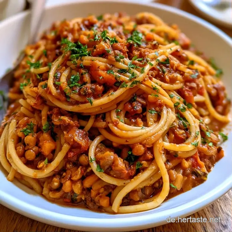 Elegant angerichtete Pasta auf wei&szlig;em Porzellan mit einer gl&auml;nzenden, st&uuml;ckigen Linsensauce und einem Basilikumblatt.