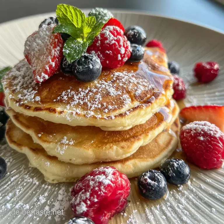 Stack of golden savory pancakes oozing melted cheese and ham, with a sprig of vibrant green thyme.