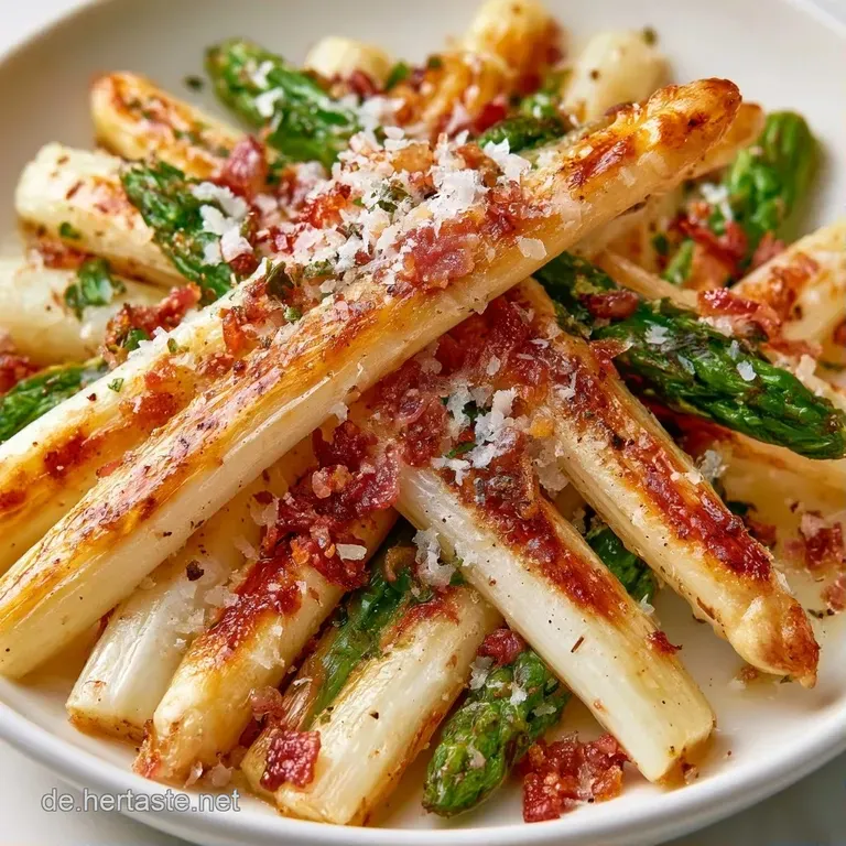 Elegant angerichteter wei&szlig;er Spargel mit gl&auml;nzender Butterglasur und krossen Speckst&uuml;cken auf einer modernen Platte.