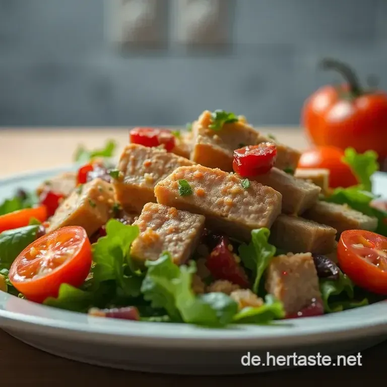 Herzhafter H&auml;hnchenbrust-Salat mit frischem Gem&uuml;se und Senfdressing