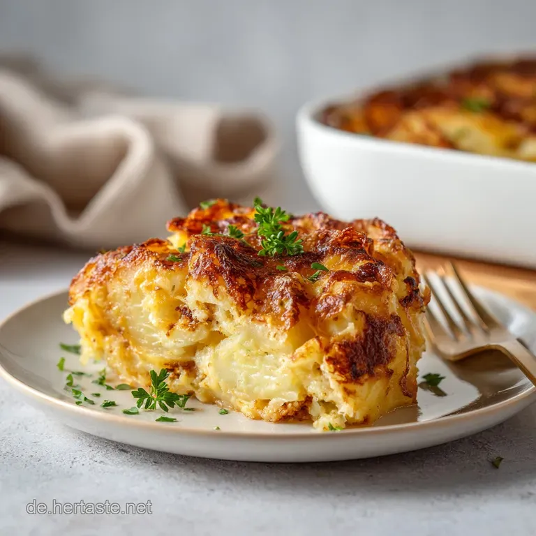 A generous scoop of savory potato and meat bake, topped with melted cheese and a sprinkle of fresh herbs.