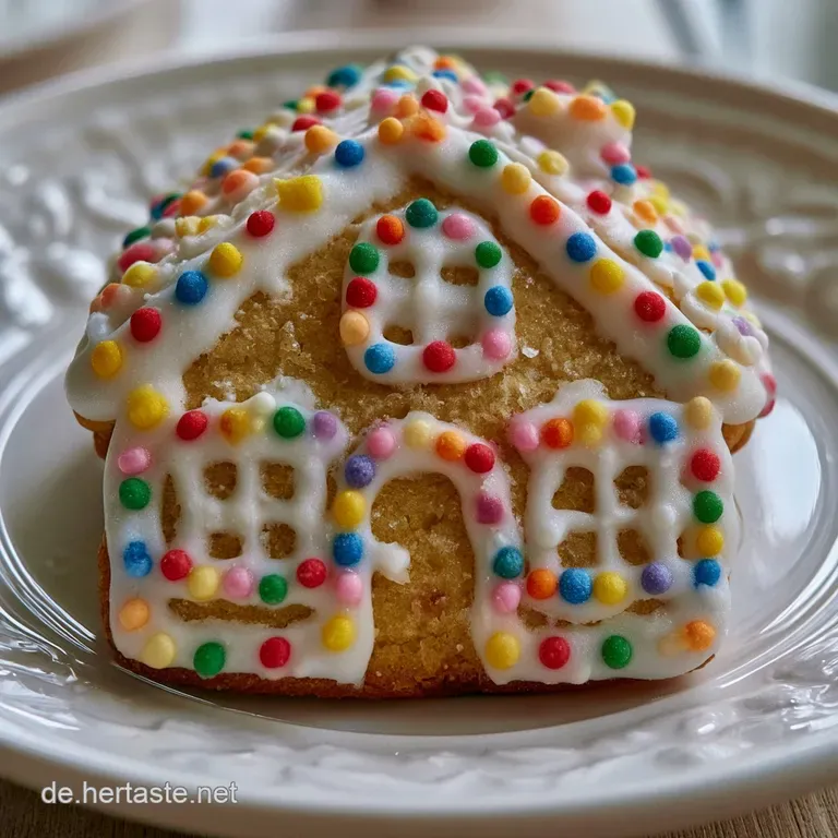 Ein filigranes H&auml;uschen aus Butterkeksen auf einer wei&szlig;en Platte, umgeben von feinem Puderzucker und bunten Bonbons.