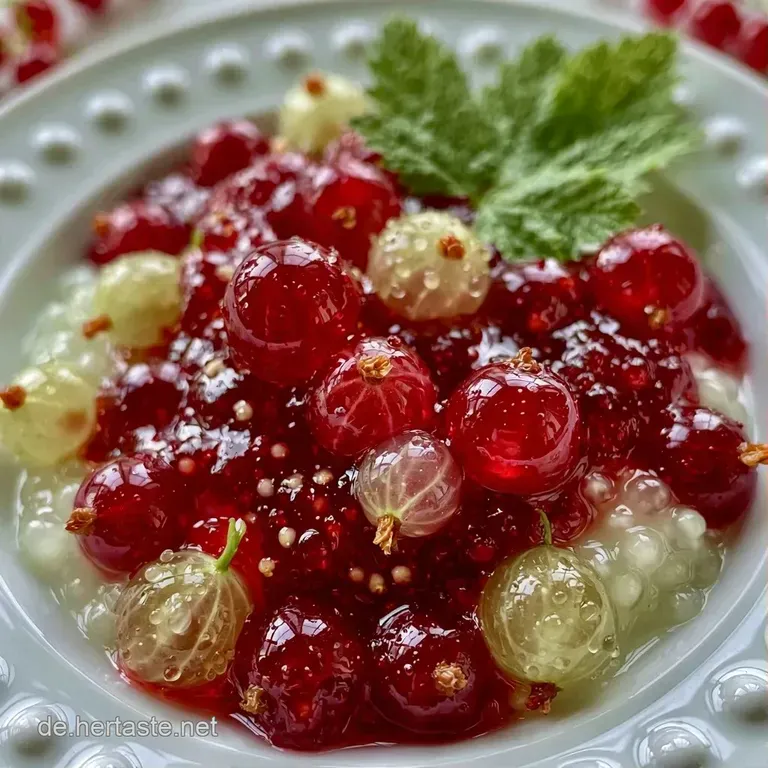 Rubinrote Konfit&uuml;re auf wei&szlig;em Porzellan, flankiert von frischen Beeren und einem gl&auml;nzenden silbernen L&ouml;ffel.