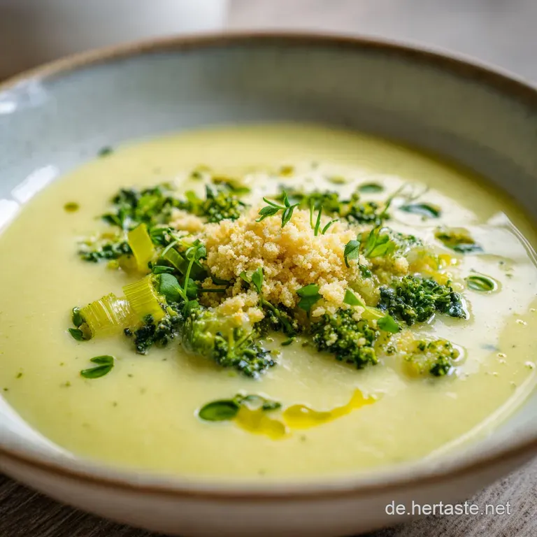 Elegant bowl of cheesy leek soup with a swirl of cream and a sprinkle of fresh chives. Steaming, inviting, and ready to eat.