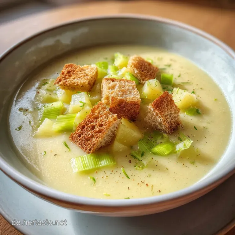 A swirl of cream adorns this smooth cheese and leek soup, garnished with vibrant green chives. Rustic presentation.