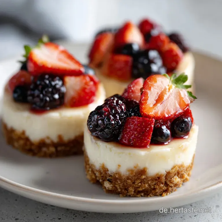 Elegant individual cheesecake squares topped with a swirl of raspberry coulis and a mint leaf garnish.