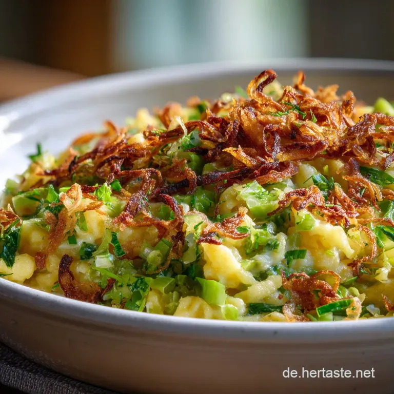 Creamy k&auml;sesp&auml;tzle twirled on a plate, topped with golden brown ground meat, sliced leeks, and crunchy fried onions.