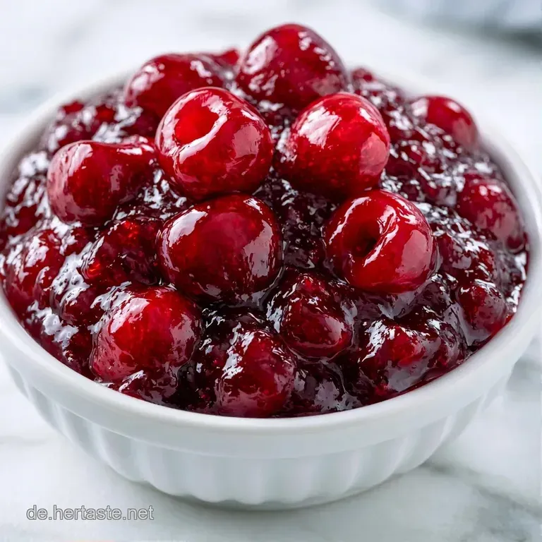 Rubynote Marmelade in einer kleinen Schale neben frischen Kirschen auf einem hellen Leinentuch, weiches Tageslicht.