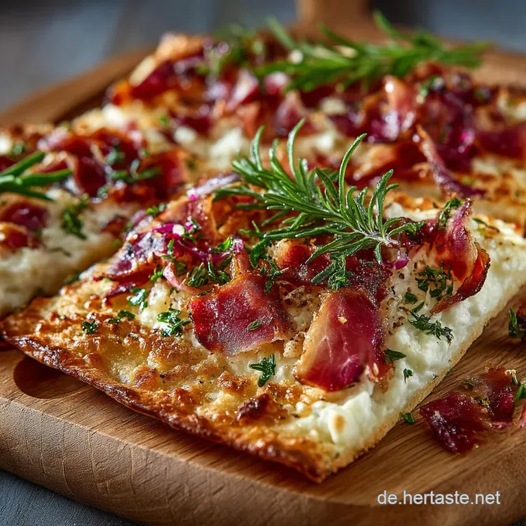 Els&auml;sser Klassiker Knuspriger Flammkuchen mit Cr&egrave;me Fra&icirc;che Zwiebeln und Speckw&uuml;rfeln