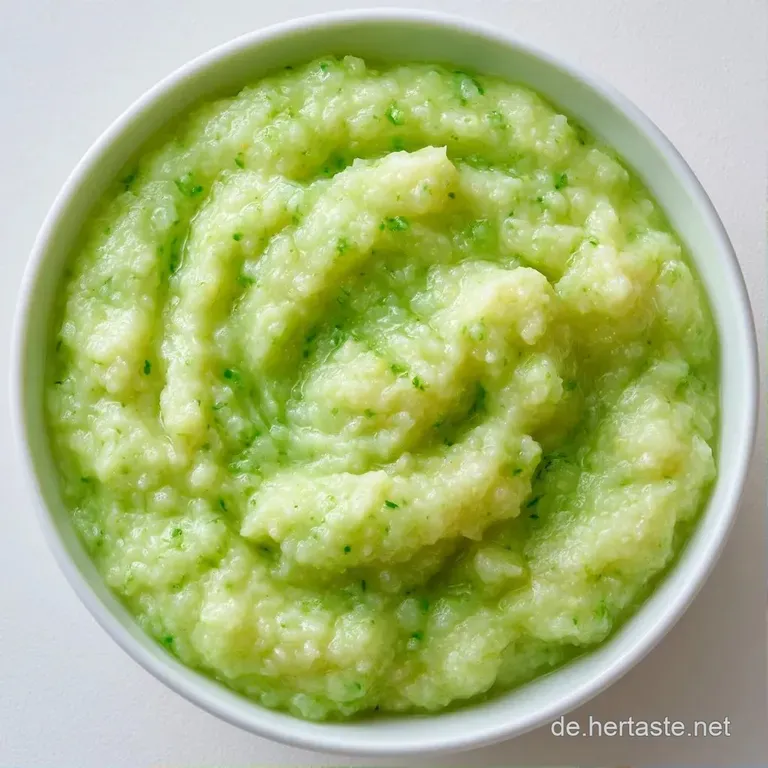 Ein wei&szlig;er Teller pr&auml;sentiert helles Gem&uuml;se in s&auml;miger Sauce, garniert mit Kr&auml;utern und einem Hauch goldener Butter.