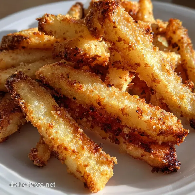 Stacked apple fries dusted with cinnamon, plated beautifully with a creamy dipping sauce drizzled artfully on the side.
