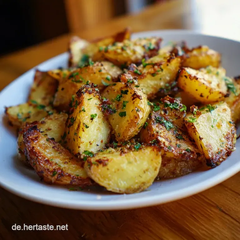 Plated Bratkartoffeln glistening with rendered fat, sprinkled with fresh parsley and served with a dollop of creamy sour c...