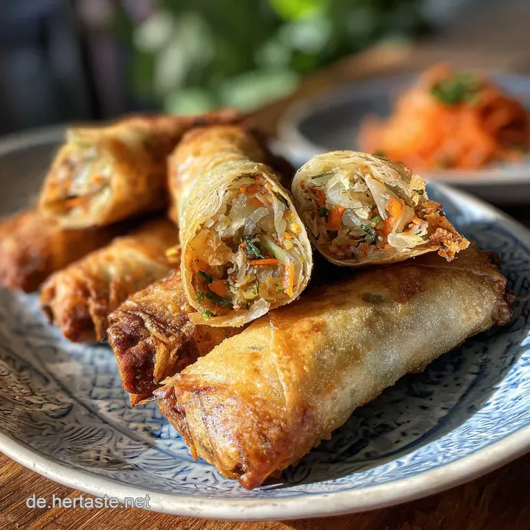 A single spring roll on a modern white plate, angled to showcase the golden, flaky shell. Dipping sauce adds vibrant color...
