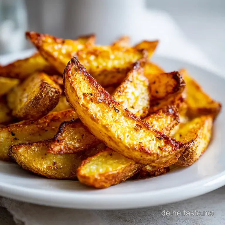 Perfectly arranged potato wedges on a white plate, sprinkled with herbs, offering a glimpse of soft interiors and seasoned...