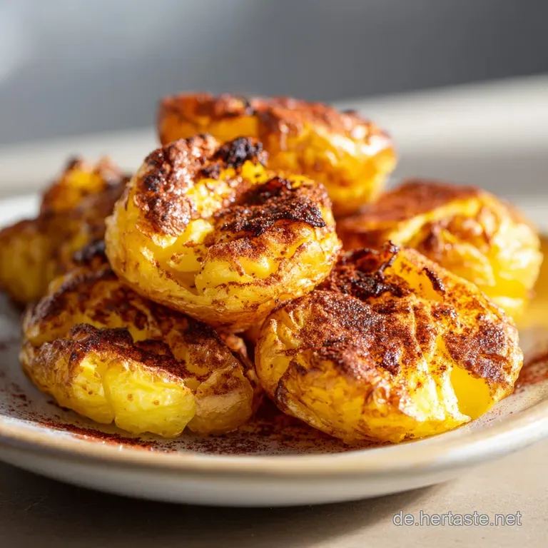 Elegant angerichtete, goldgelbe R&ouml;stkartoffeln auf einer wei&szlig;en Keramikplatte mit einer kleinen Schale Dip-Sauce.