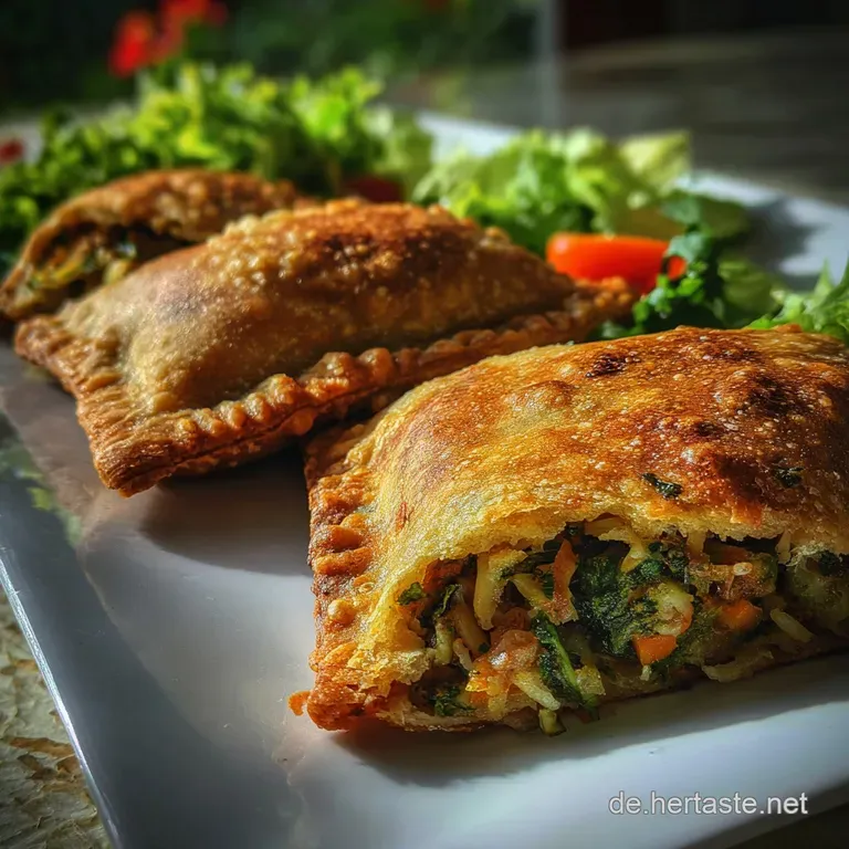 A single, crispy vegetable pocket is halved, revealing a colorful filling. Fresh herbs & flaky crust create an inviting ve...