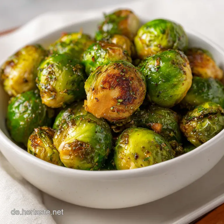 A neat pile of roasted Brussels sprouts, their leaves slightly charred and a rich, deep green, on a white plate.